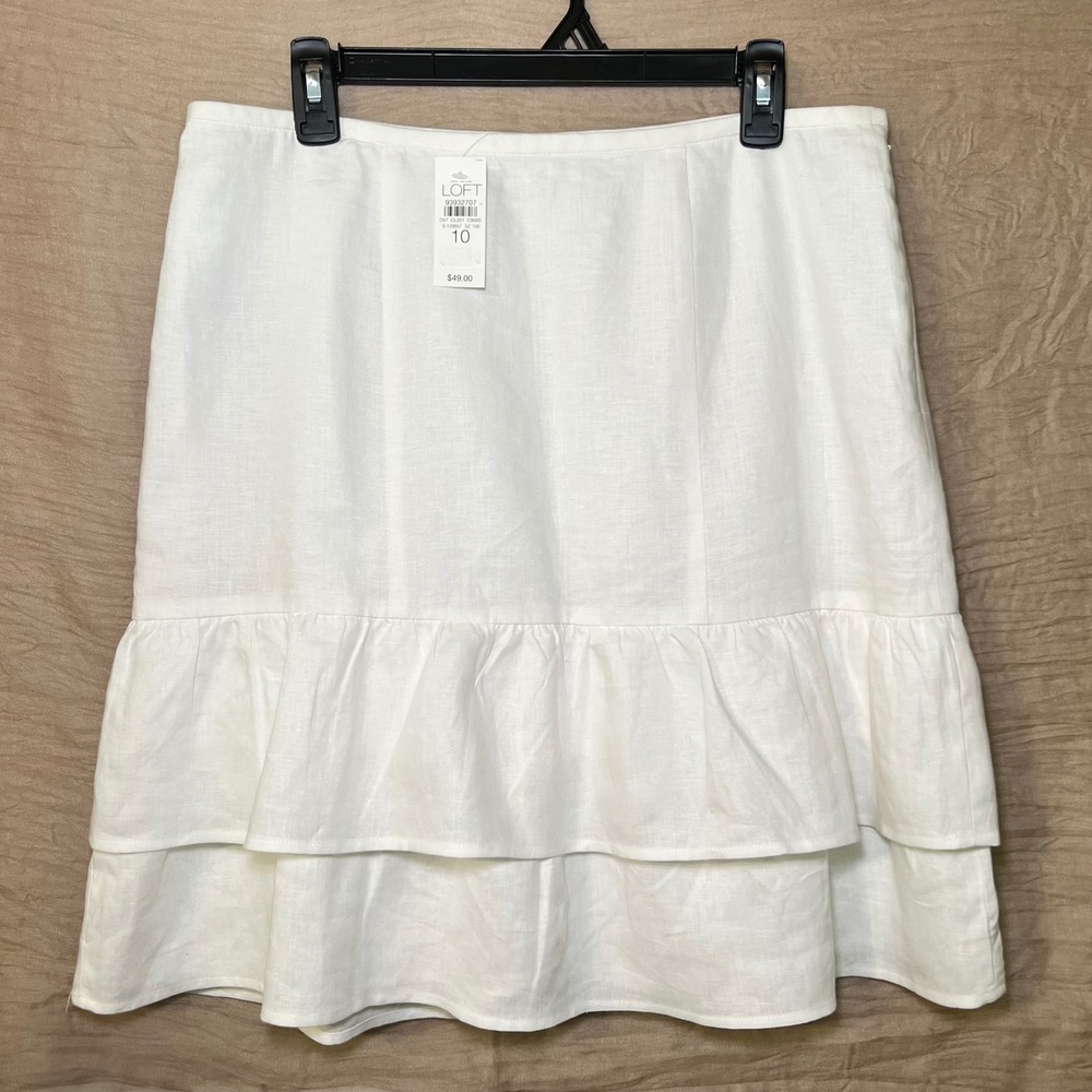 Ann Taylor LOFT White Linen Boho Cottagecore‎ Ruffle Skirt Size 10 NWT